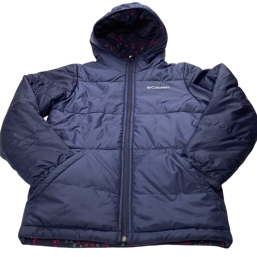 Columbia Girls Reversible‎ Hooded Jacket Navy Blue Fleece Print Size M 10/12